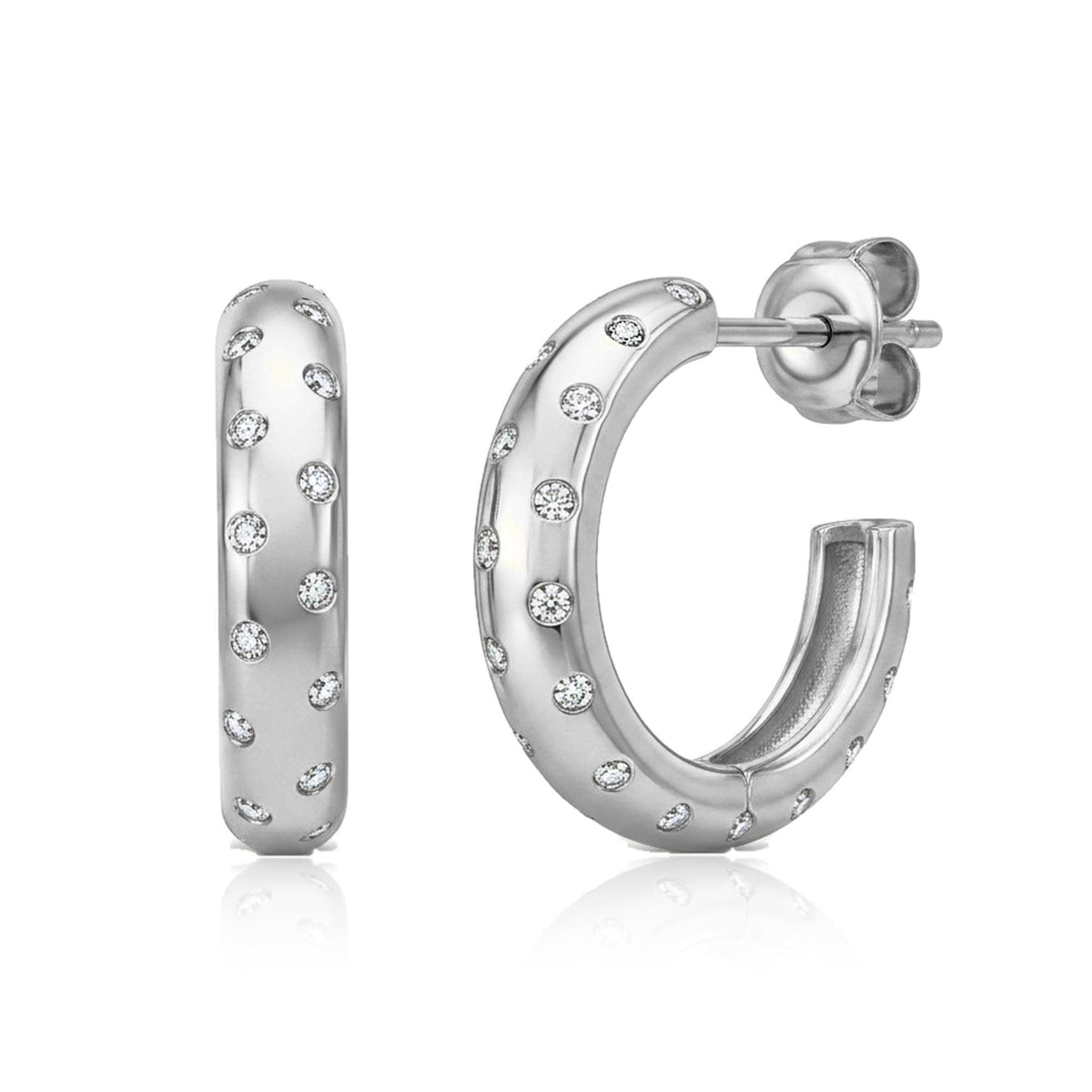 14K white gold round cubic zirconia hoop earrings, front and side view on white background