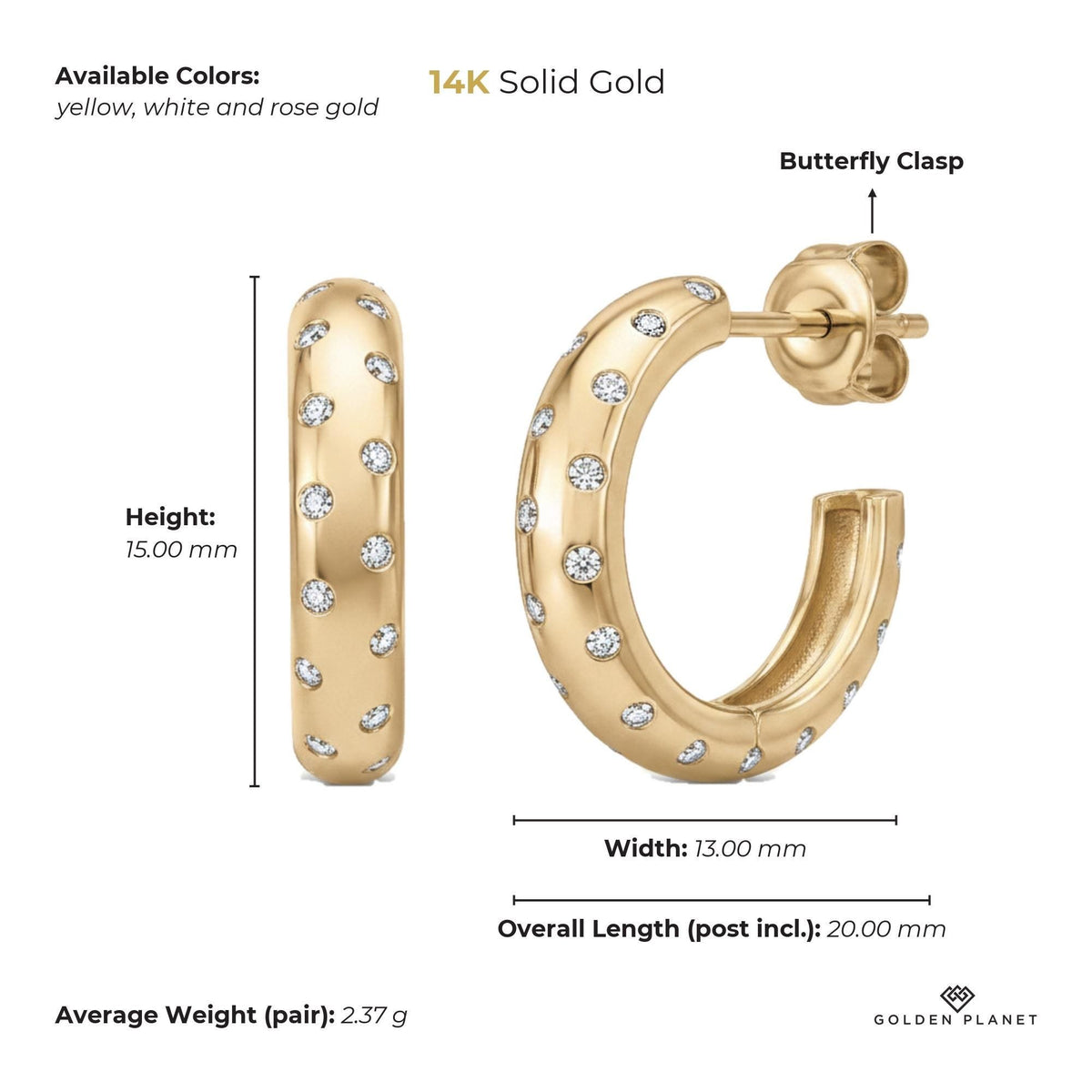 Size chart for the 14K gold cz hoop earrings showing stones, available colors, height, width, overall length, closure