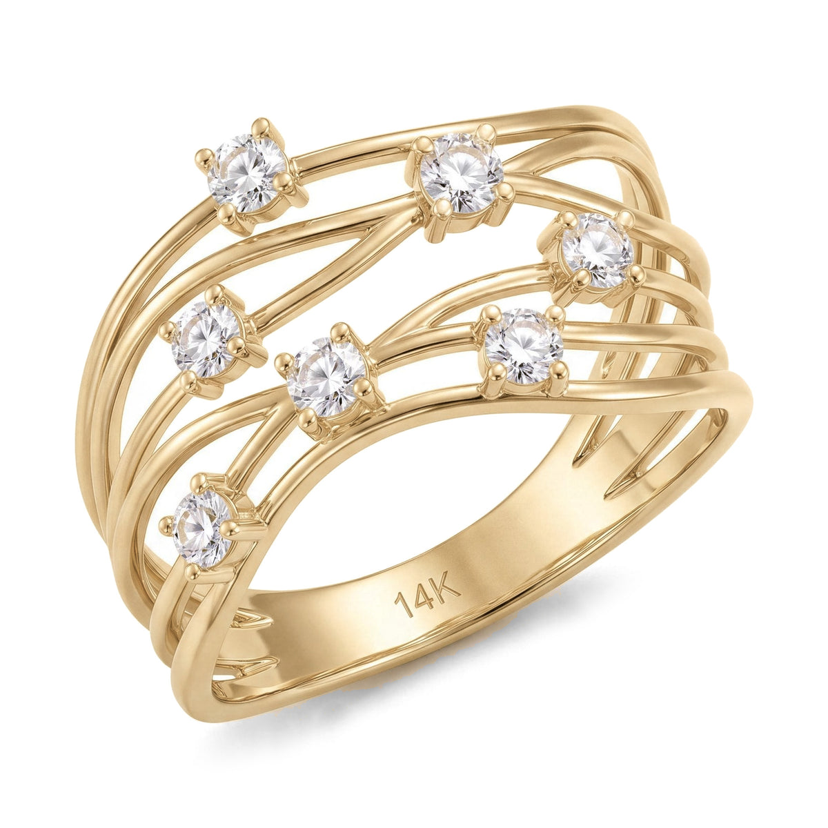 14K yellow gold CZ statement ring, wide openwork band of wavy strands with seven prong-set stones