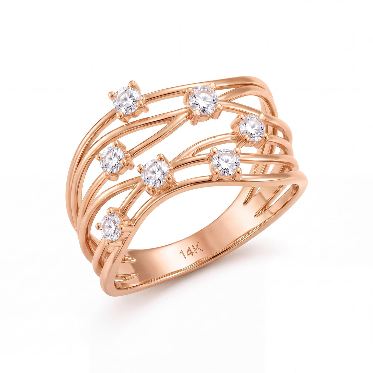 14K rose gold CZ statement ring, wide openwork band of wavy strands with seven prong-set stones