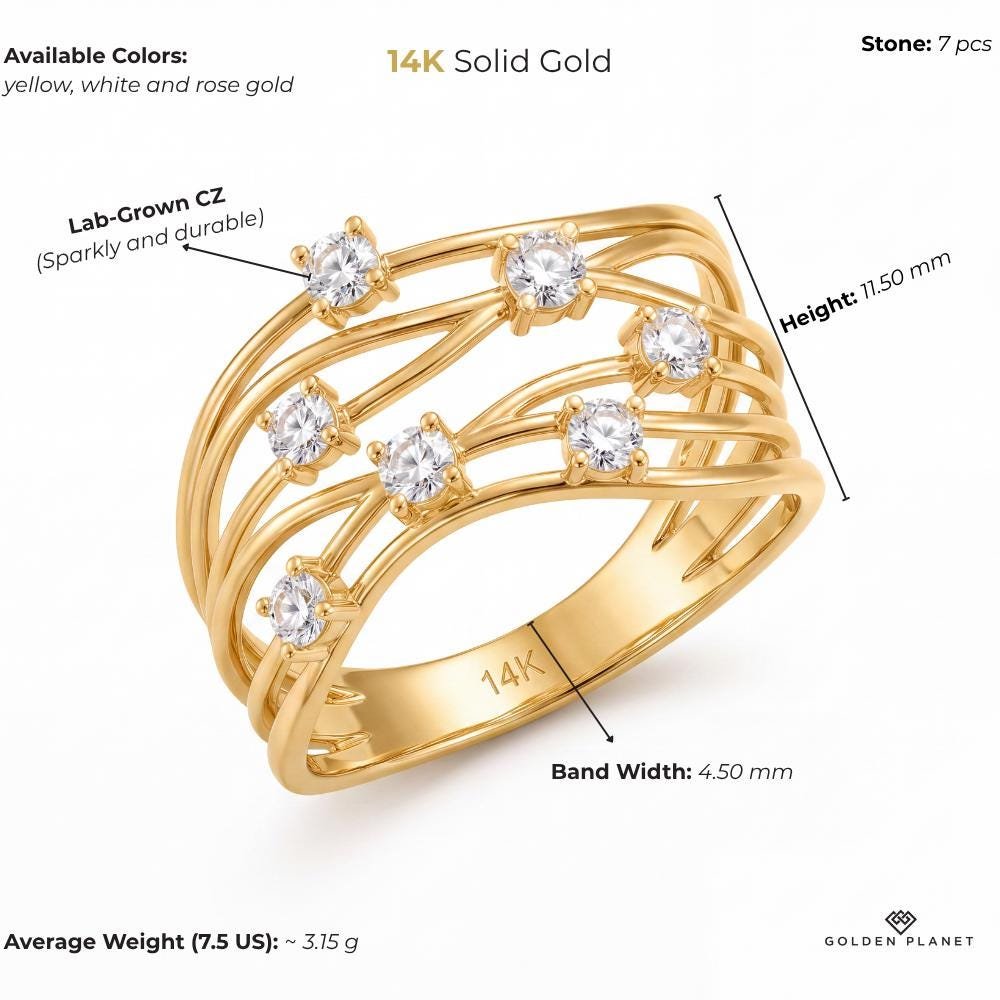 Product info graphic for 14K gold cz statement ring, showing stones, available colors, band width, height, average weight