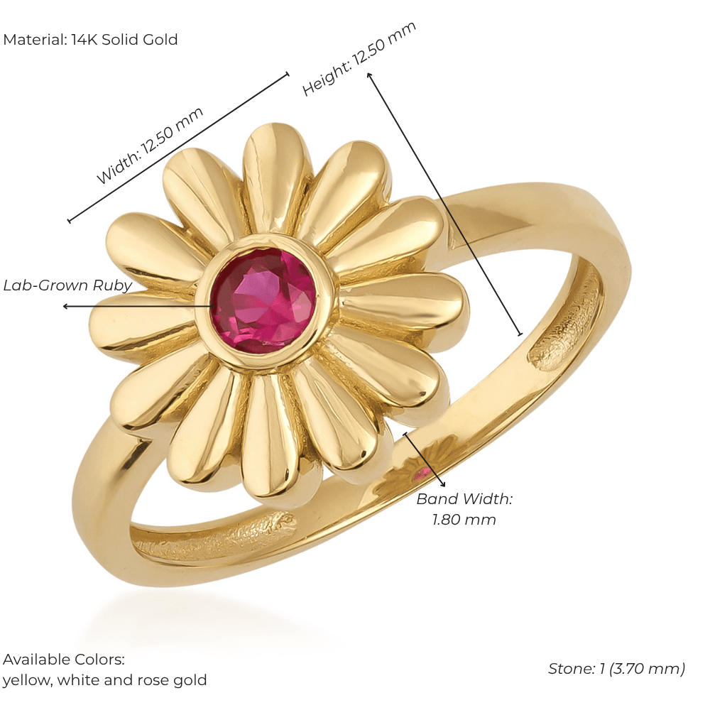 14k gold daisy flower ring with pink lab-grown ruby center, detailed petal design