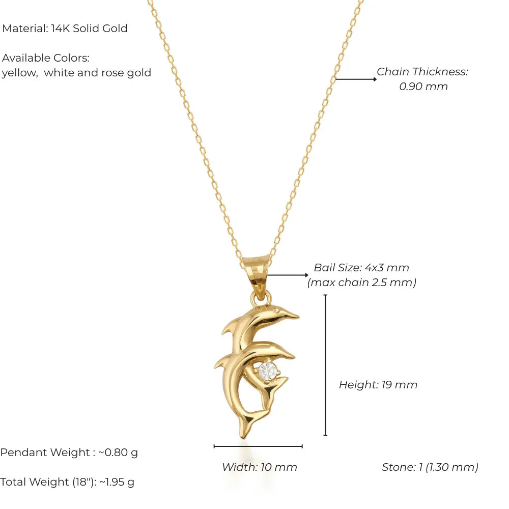 Gold dolphin pendant necklace with measurements and material details on a white background