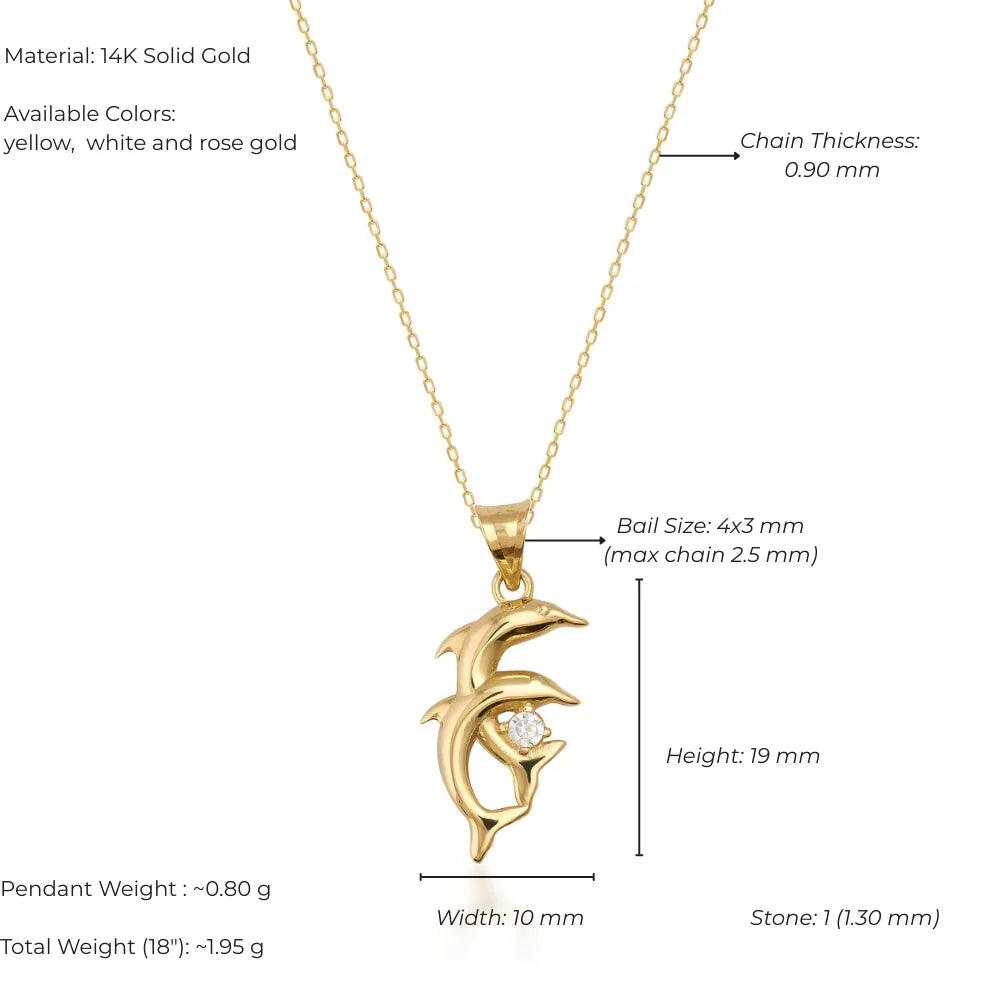 14K solid gold dolphin pendant necklace with round gemstone, delicate chain and pendant dimensions labeled.
