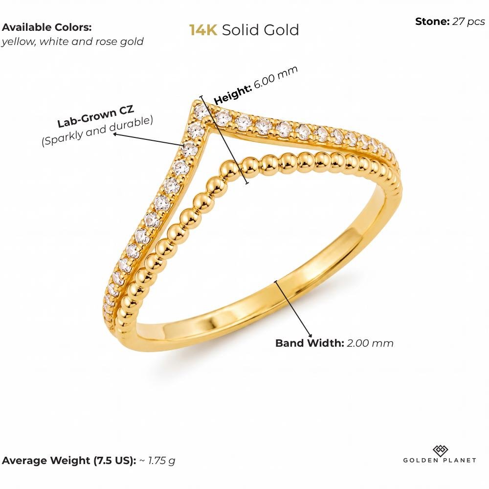 Size chart for the 14K gold double chevron ring showing stones, available colors, band width, height, average weight