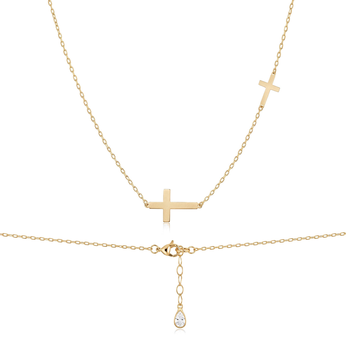 14K yellow gold double cross necklace, large and small sideways crosses, clasp with clear stone drop