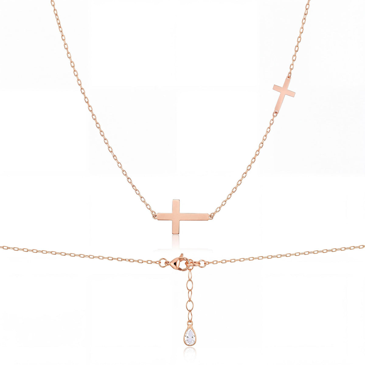 14K gold double cross necklace, product photo