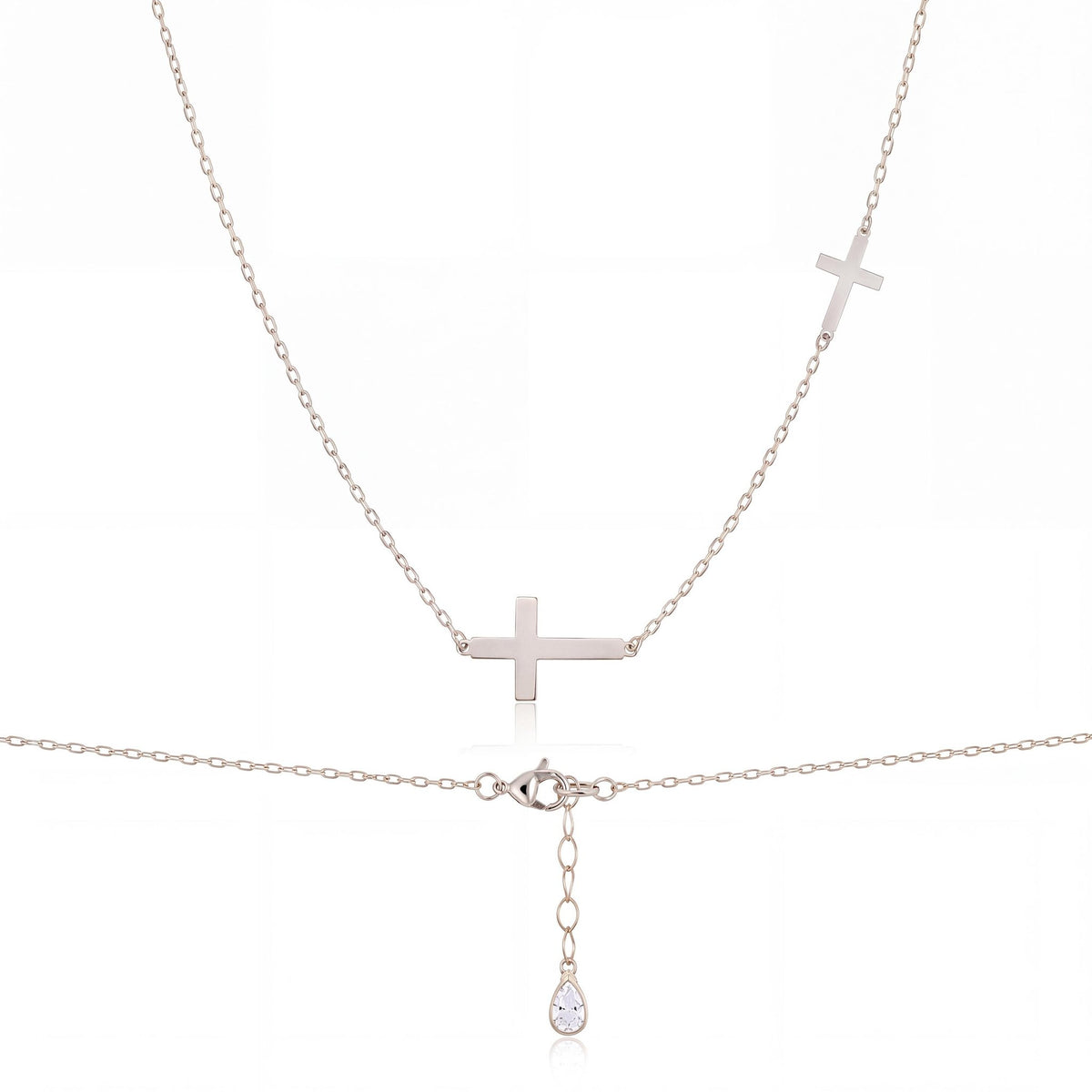 14K gold double cross necklace, product photo