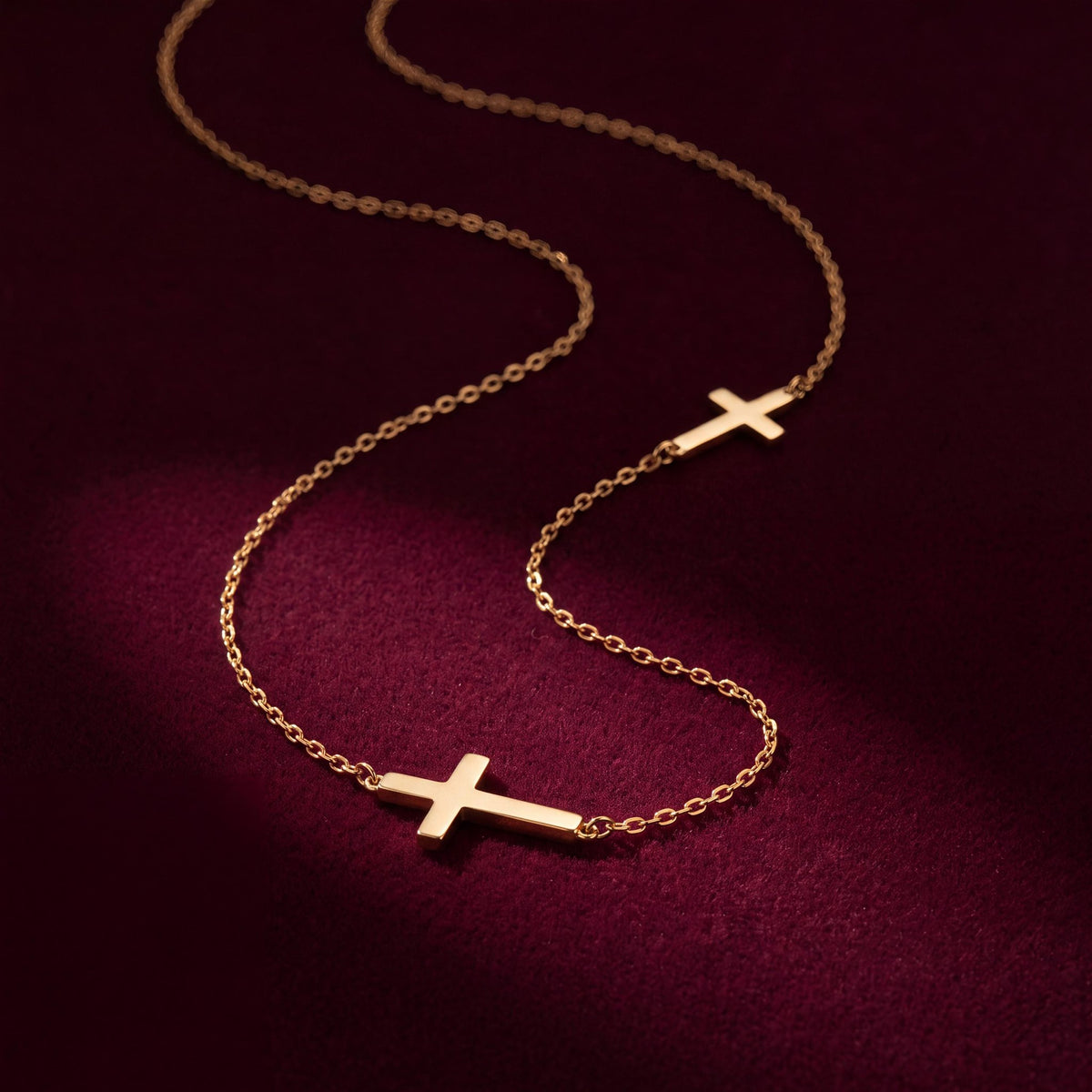 14K gold double cross necklace, styled view