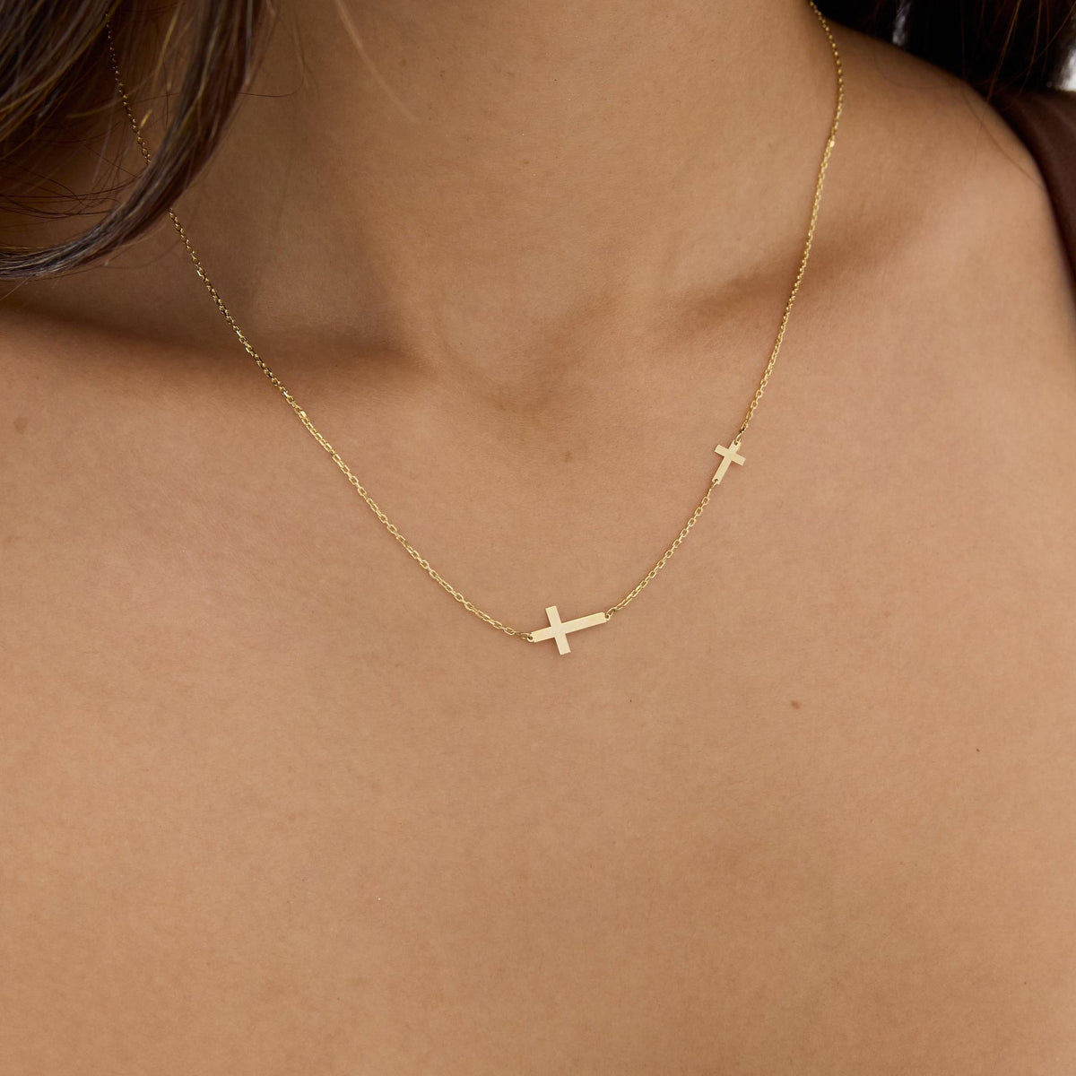 14K gold double cross necklace, styled view