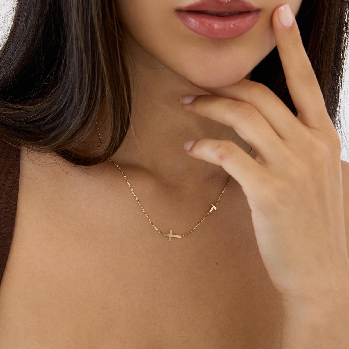 14K gold double cross necklace, styled view
