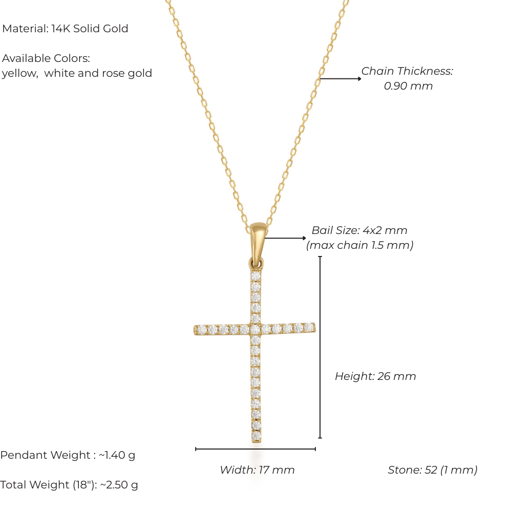 Gold cross pendant with chain details on a white background