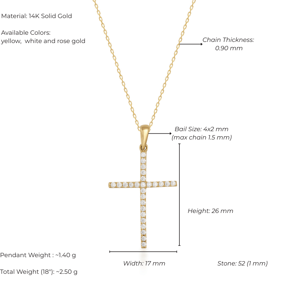 14K solid gold cross pendant necklace with diamonds, yellow gold, size details shown