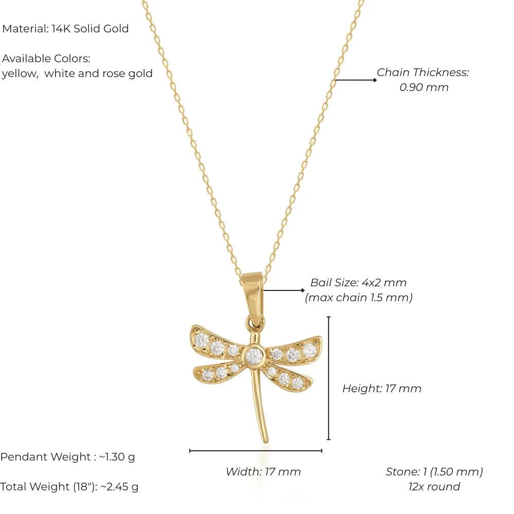 14K gold dragonfly pendant necklace with round gemstones on delicate gold chain, detailed measurements shown.