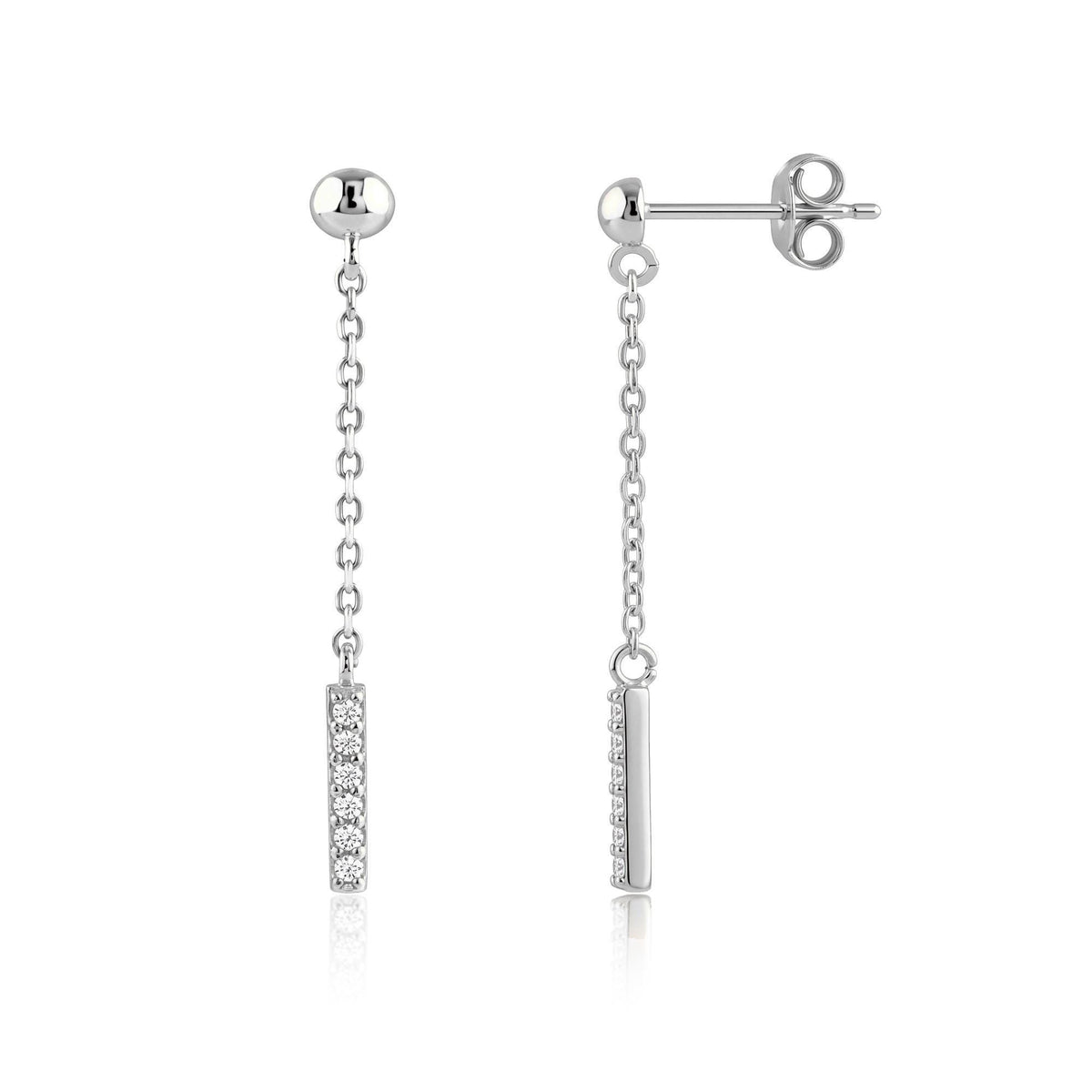 14K white gold drop stud earrings with round cubic zirconia bar, front and side view of the pair