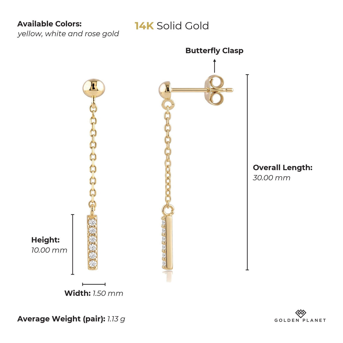 Size chart for the 14K gold drop stud earrings showing stones, available colors, height, width, chain length, overall
