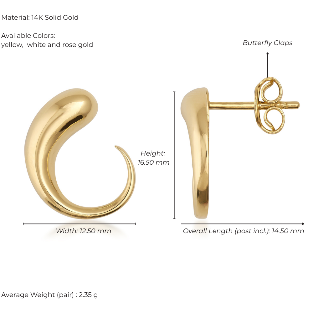 Gold earrings with butterfly clasp, material details, and dimensions on a white background