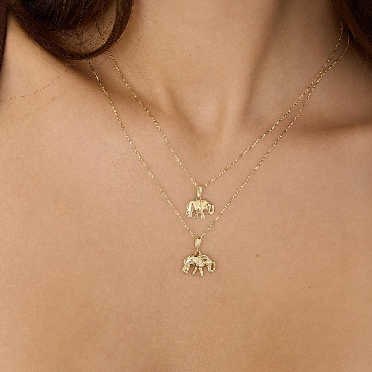 14K gold elephant necklace, styled view