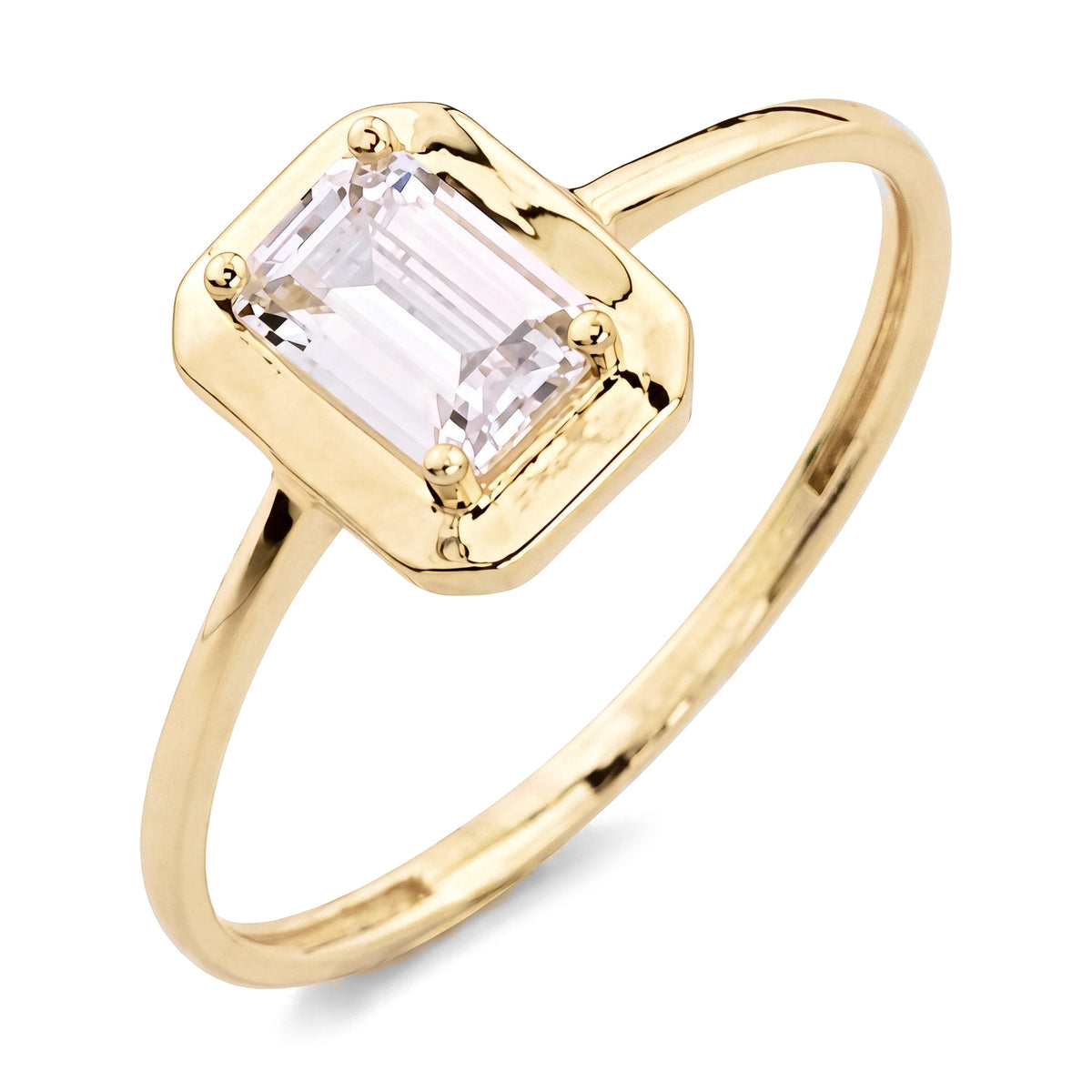 14K yellow gold emerald-cut CZ solitaire ring, stone in a cushion-shaped frame on a thin band