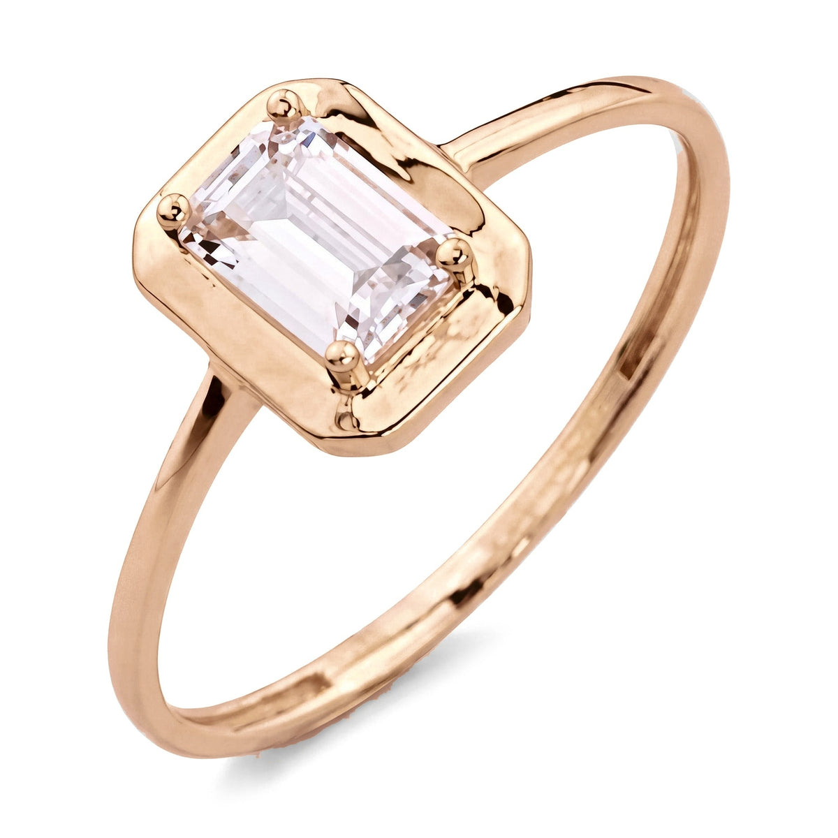 14K rose gold emerald-cut CZ solitaire ring, stone in a cushion-shaped frame on a thin band