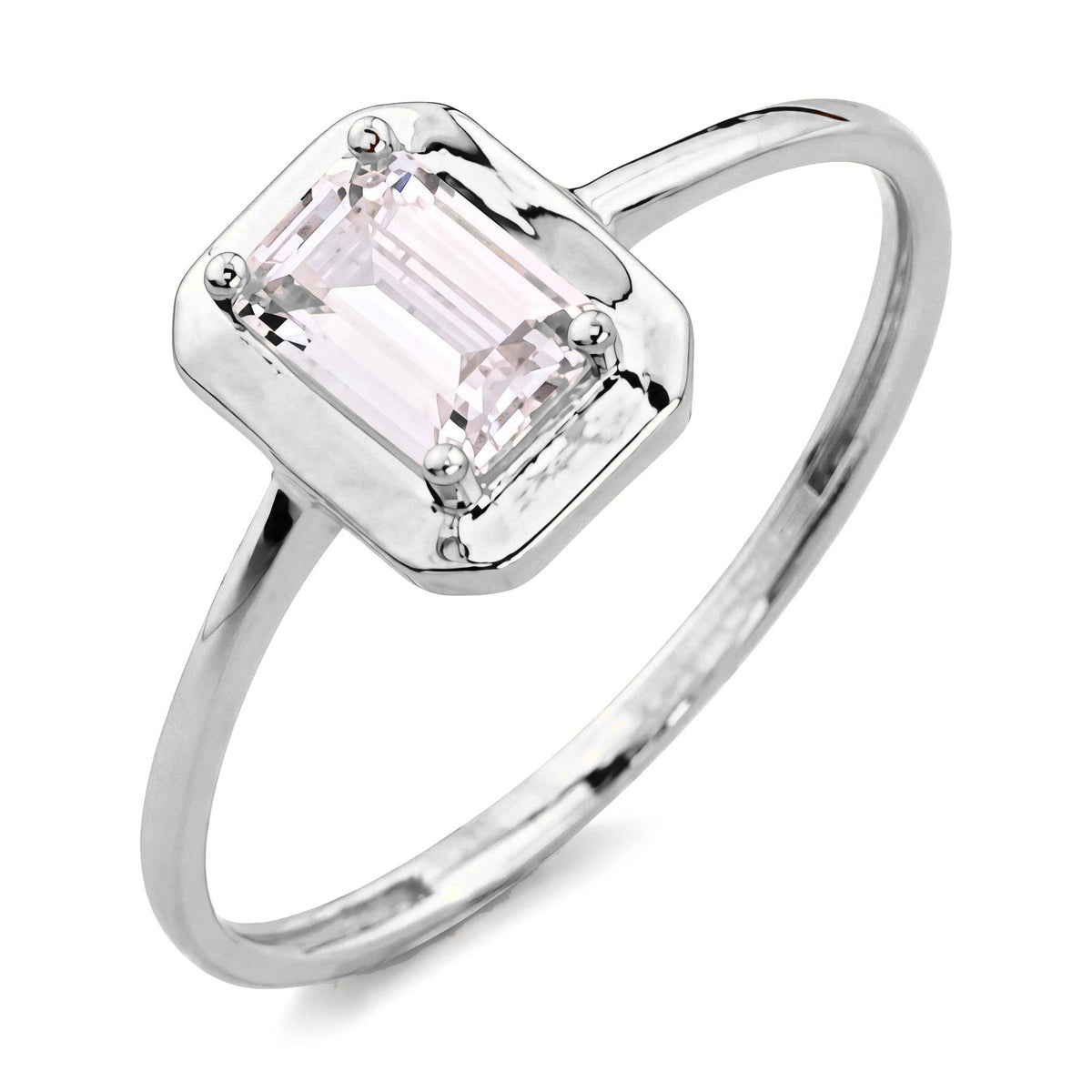 14K white gold emerald-cut CZ solitaire ring, stone in a cushion-shaped frame on a thin band