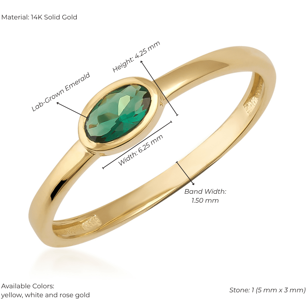 14K gold ring with oval lab-grown emerald center stone, vintage style, thin band