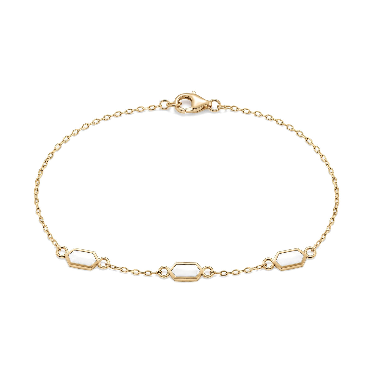 14K yellow gold enamel bracelet, three white enamel hexagon stations on a fine cable chain, on white