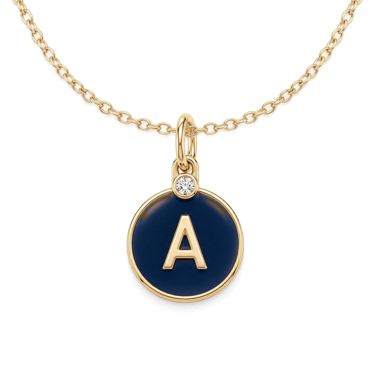 14K yellow gold enamel initial necklace, navy enamel disc with raised letter A and a clear stone above