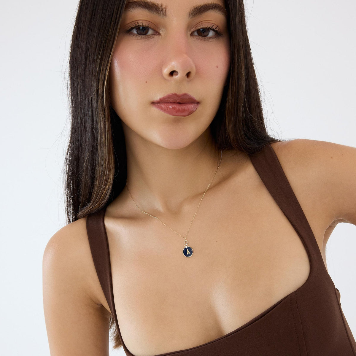 14K gold enamel initial necklace, styled view