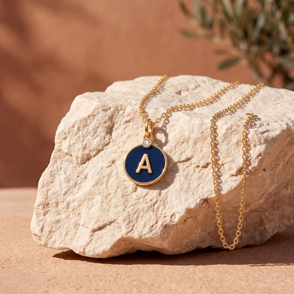 14K gold enamel initial necklace, styled view