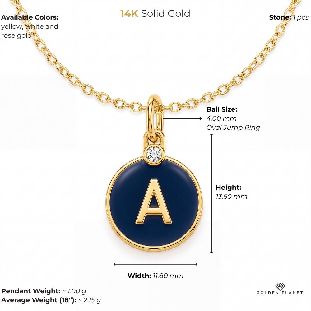 14K gold enamel initial necklace, size and weight guide