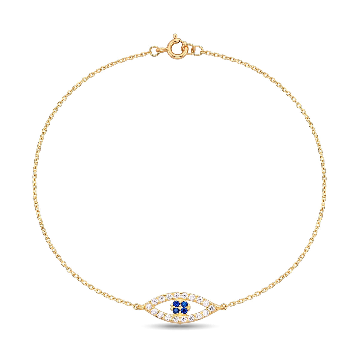 14K yellow gold evil eye bracelet, clear stone eye outline with blue stone centre on a fine chain
