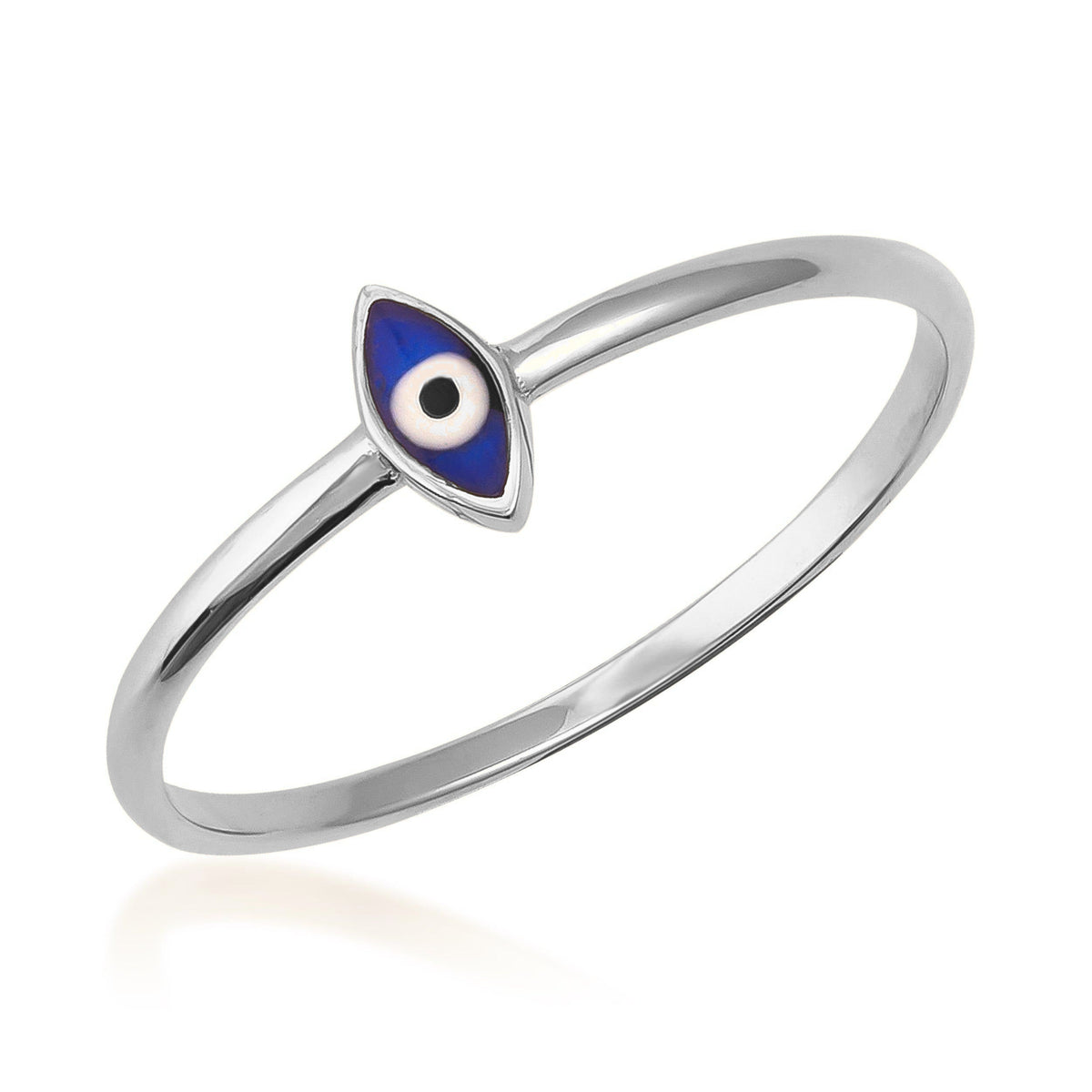 14K white gold ring with a blue enamel evil eye charm, minimalist jewelry on white background