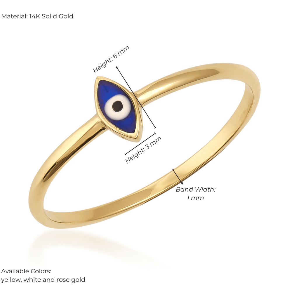14K gold ring with blue evil eye charm, thin band, jewelry product on white background
