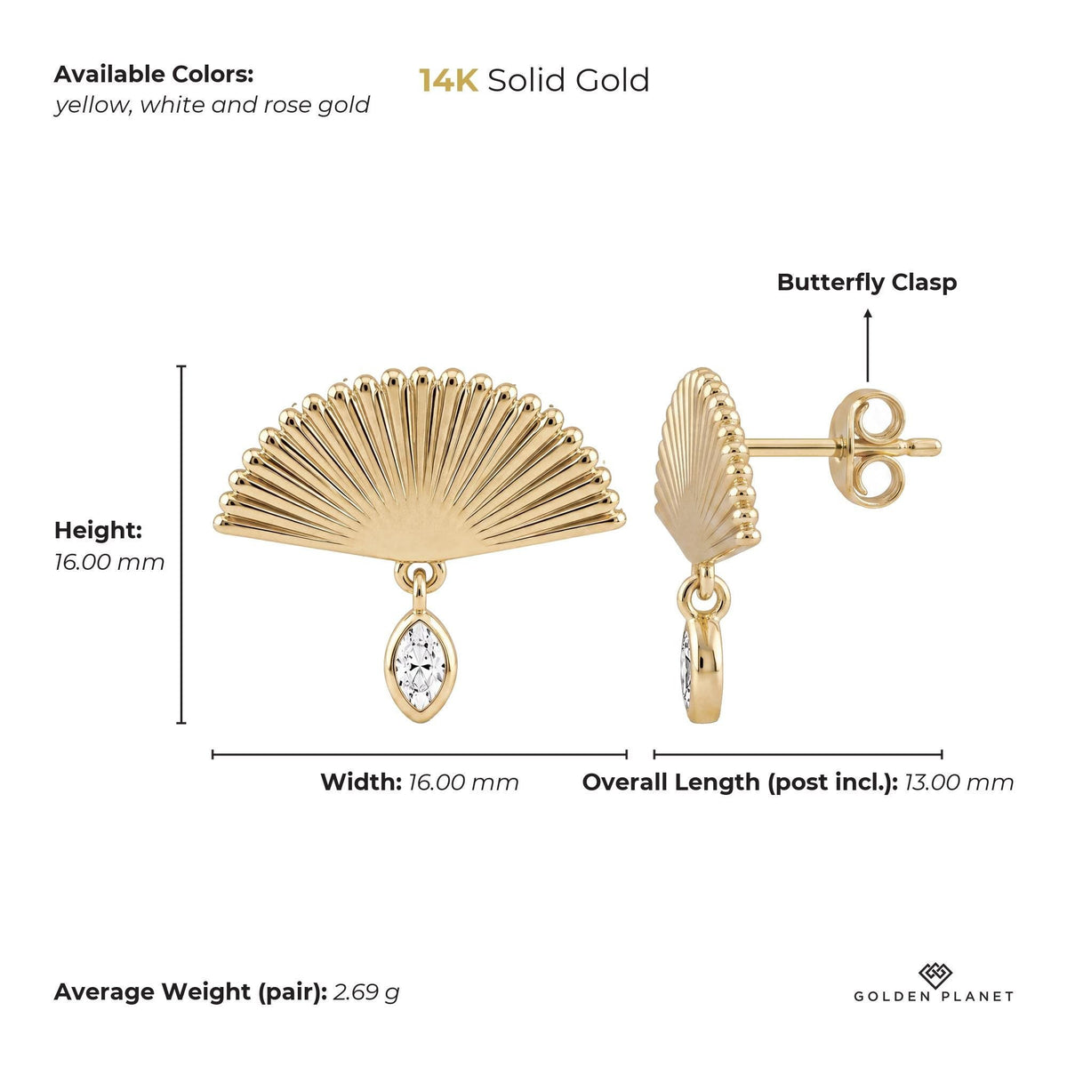 Size chart for the 14K gold fan drop stud earrings showing stones, available colors, height, width, overall length, closure