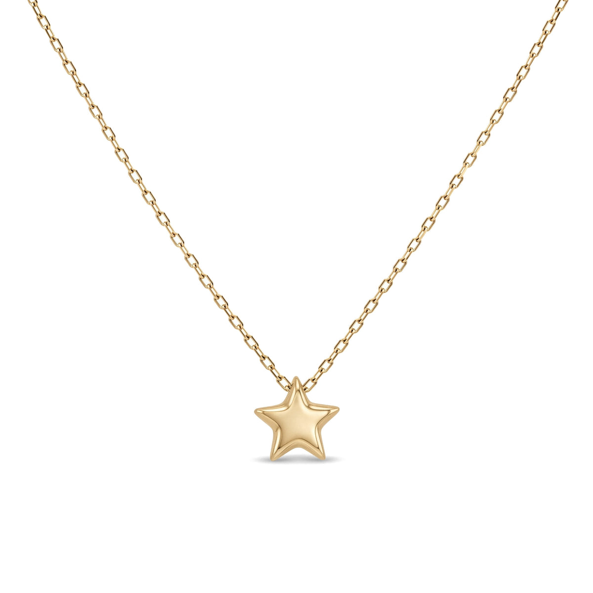14K yellow gold five point star necklace, small puffed star fixed on a cable chain, on white