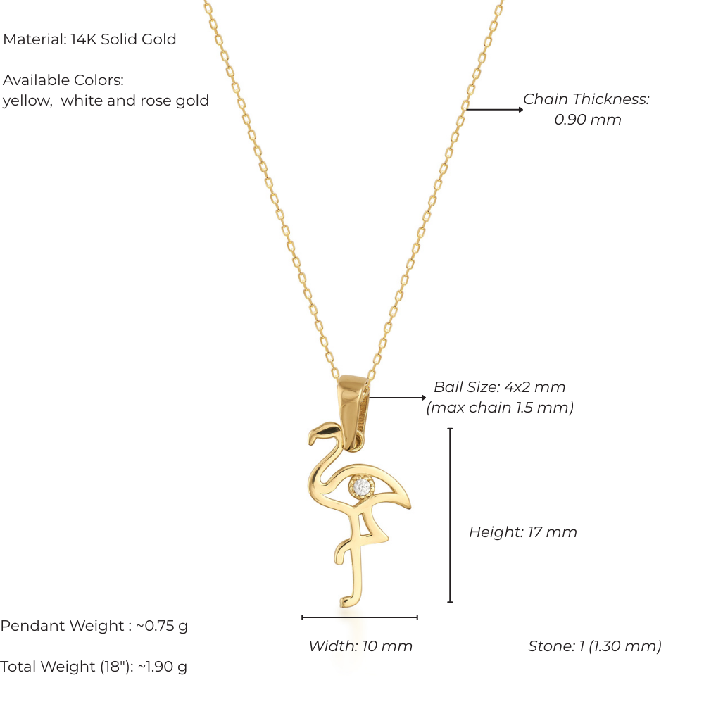 Gold flamingo pendant necklace with measurements and material details on a white background
