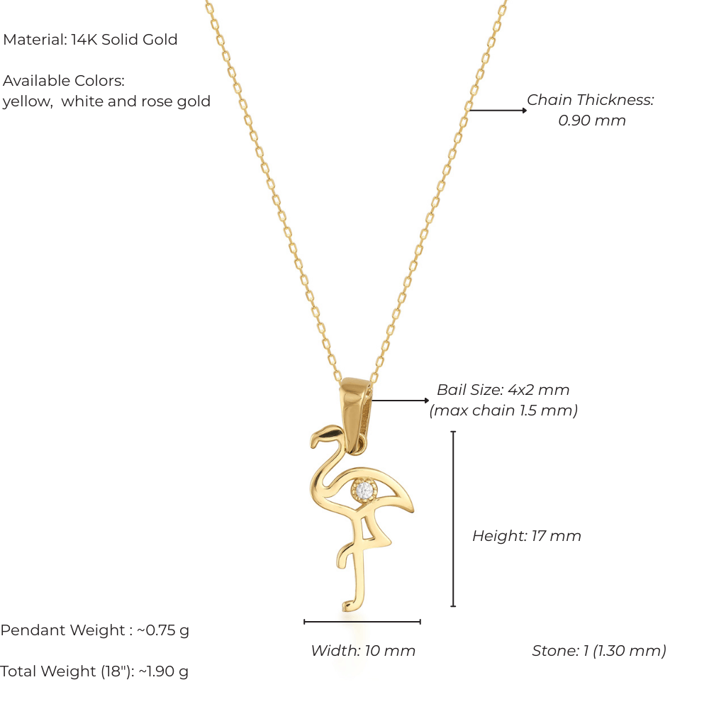 14K gold flamingo pendant necklace with diamond accent, available in yellow, white, or rose gold
