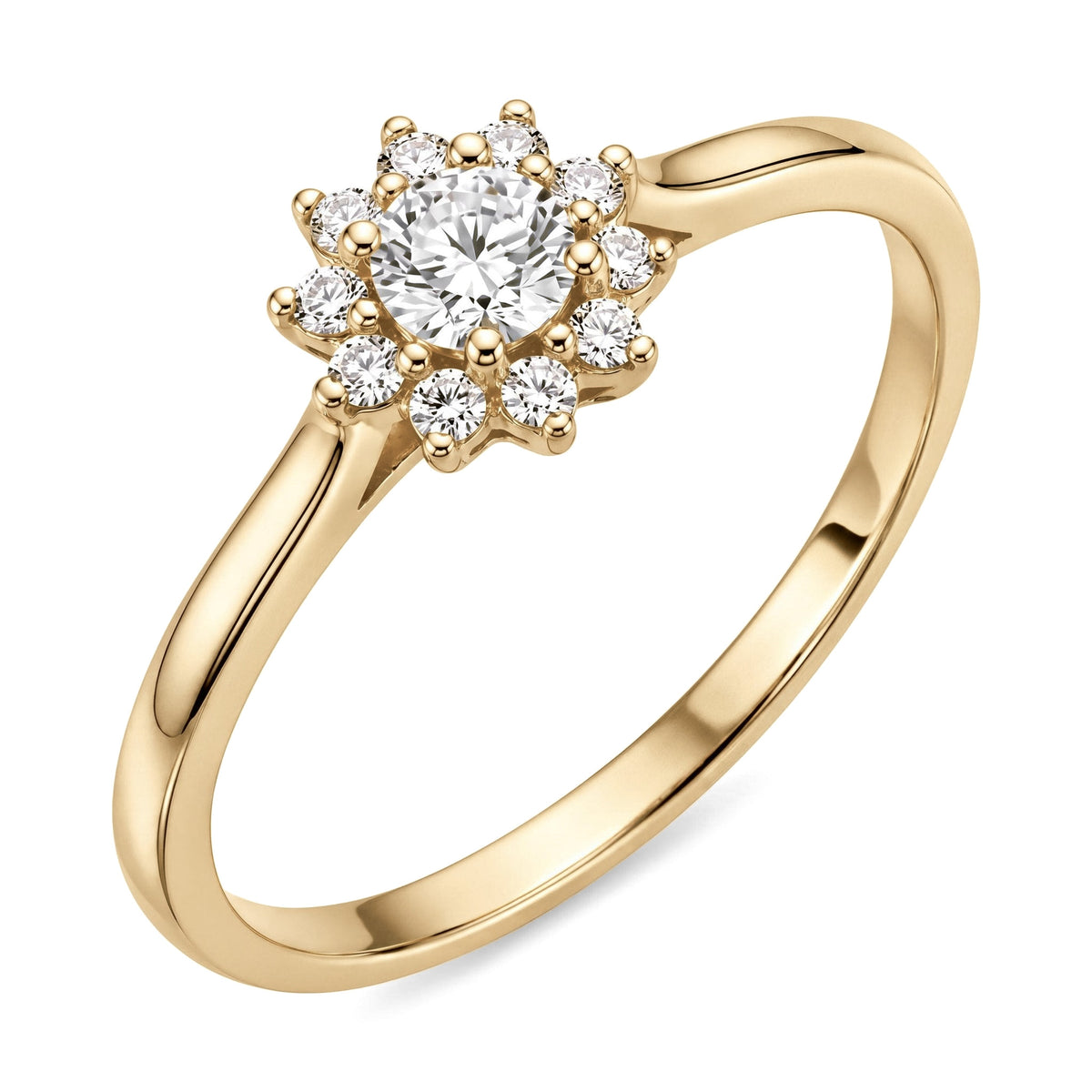 14K yellow gold floral halo ring, round cubic zirconia centre with a petal halo of smaller stones