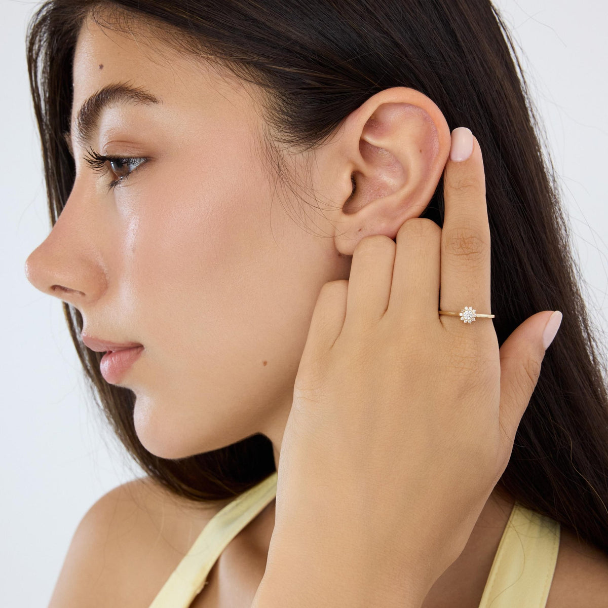14K gold floral halo ring, styled view