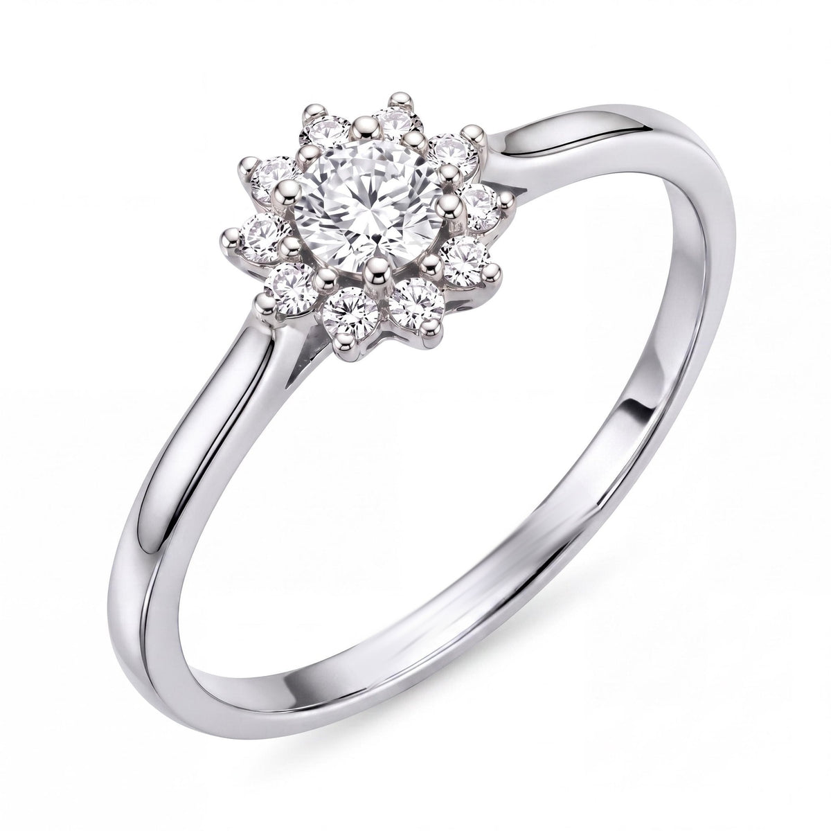 14K white gold floral halo ring, round cubic zirconia centre with a petal halo of smaller stones