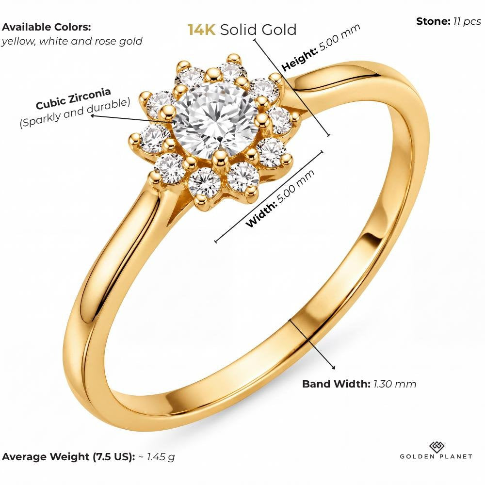 14K gold floral halo with cubic zirconia size and weight guide, size and weight guide
