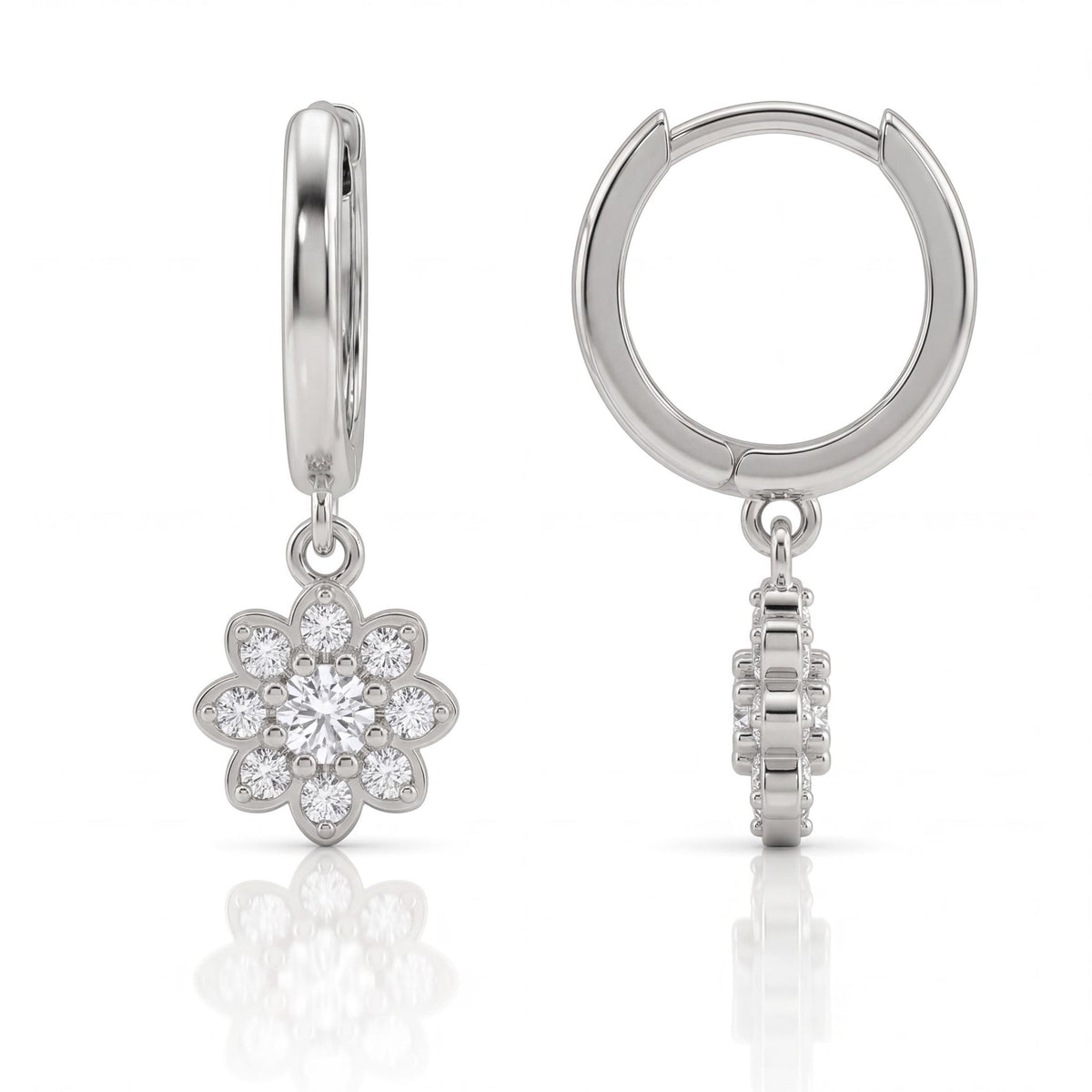 14K gold floral huggies earrings, product photo