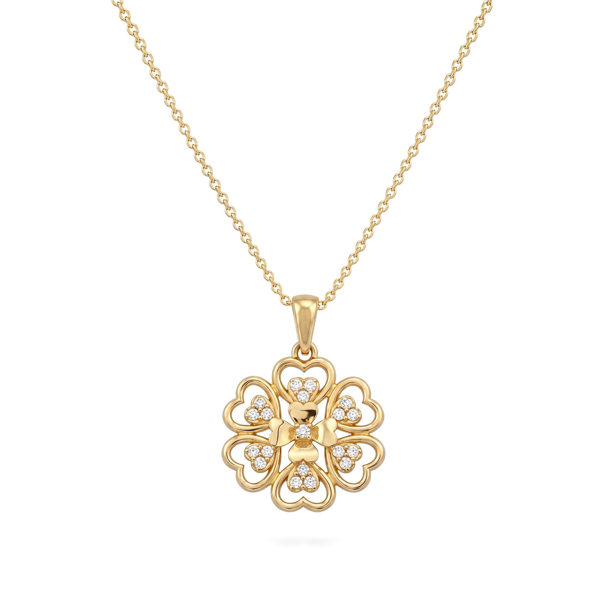 14K yellow gold floral necklace, openwork flower pendant of heart-shaped petals with clear stones