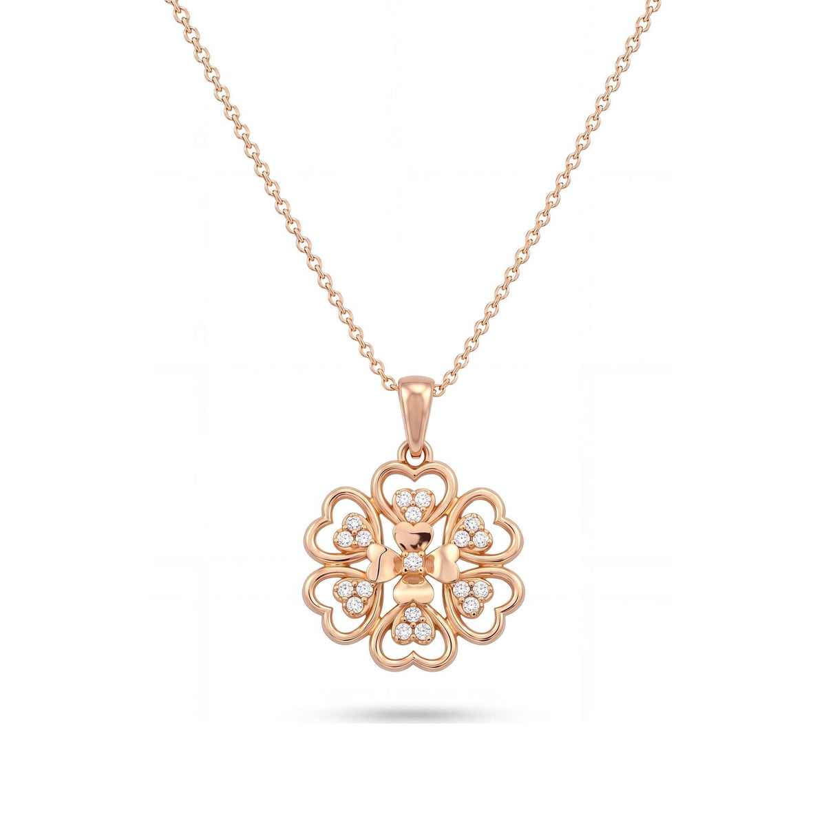 14K rose gold floral necklace, openwork flower pendant of heart-shaped petals with clear stones