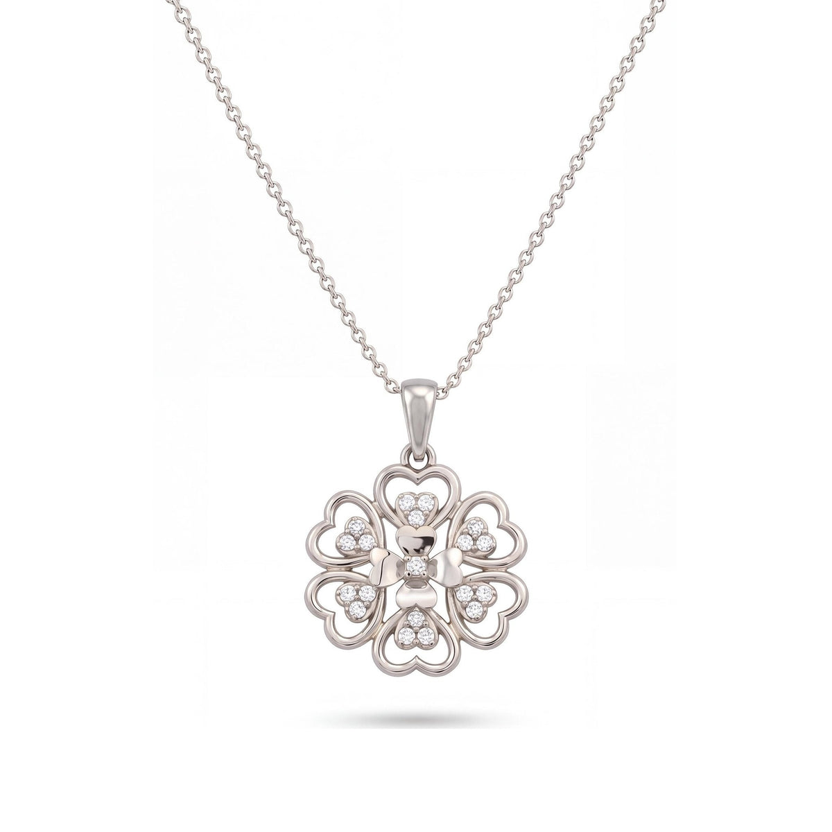 14K white gold floral necklace, openwork flower pendant of heart-shaped petals with clear stones