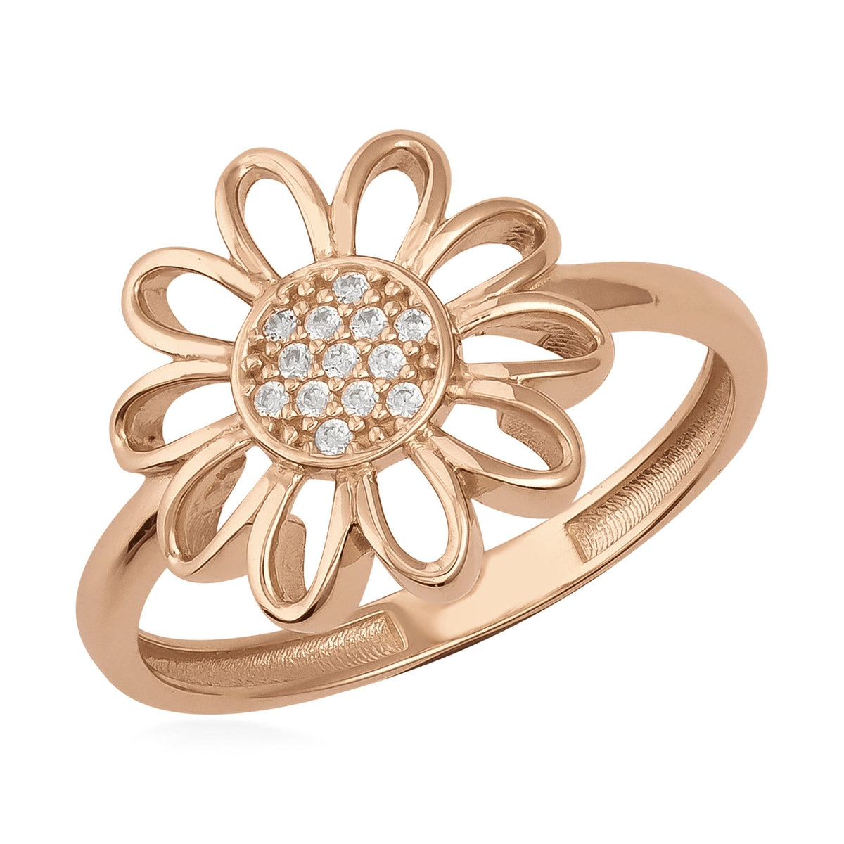 14K rose gold flower ring with cubic zirconia accents on white background