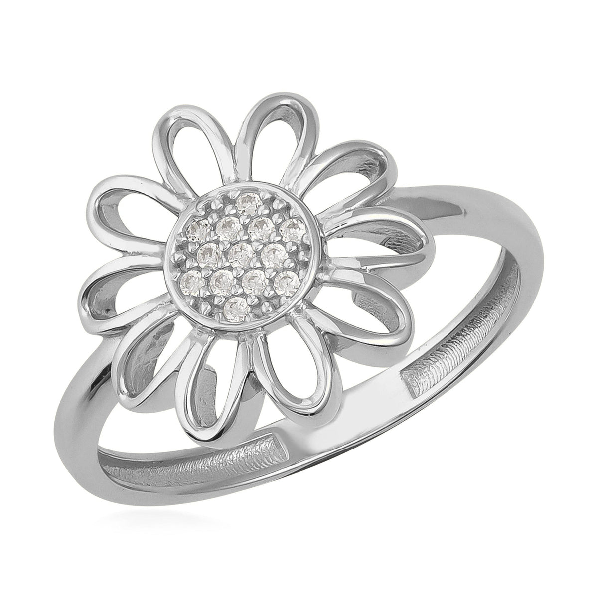 14K gold flower ring with open petals and cubic zirconia accents on white background