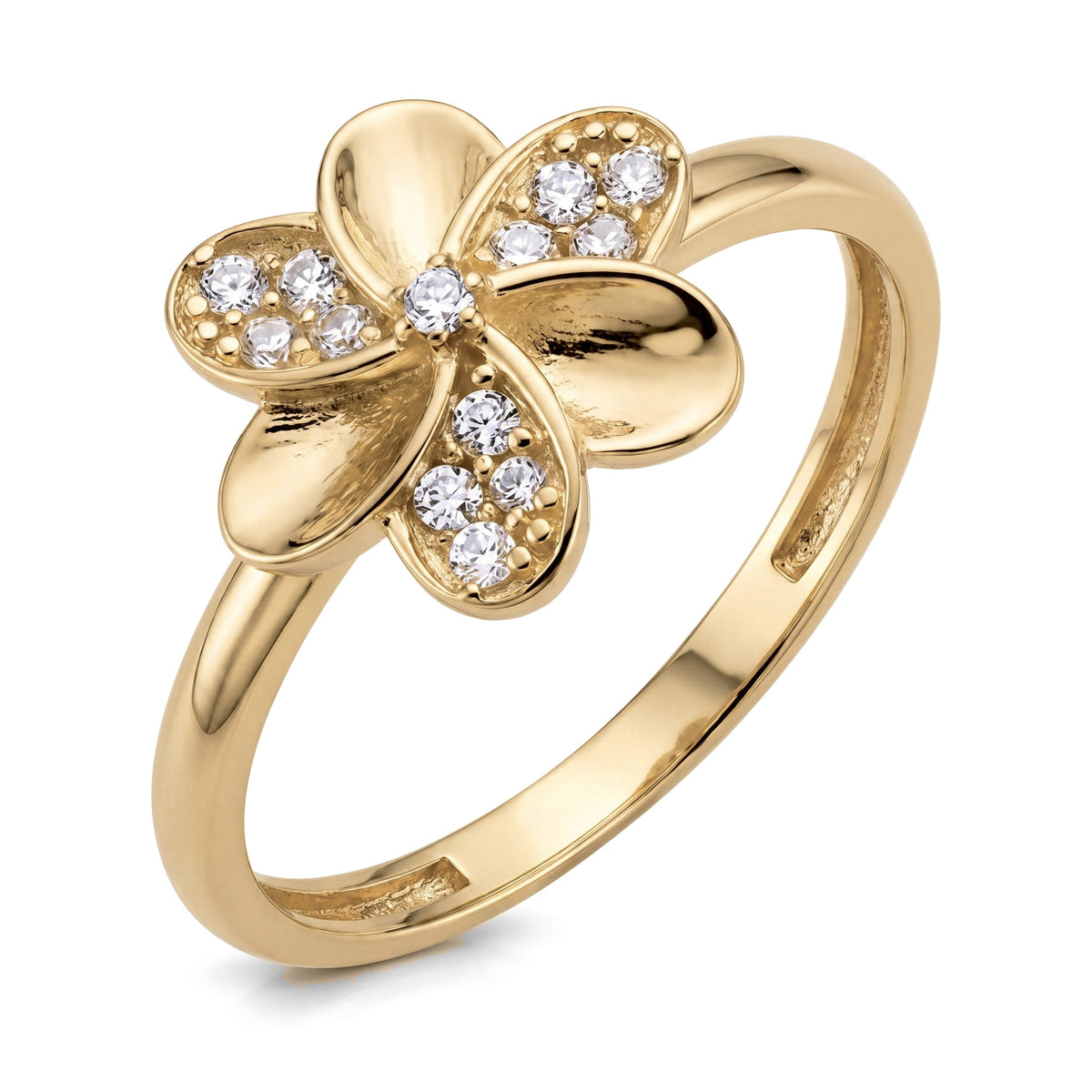 14K yellow gold flower ring with five petals, three paved with clear stones, angled view on white