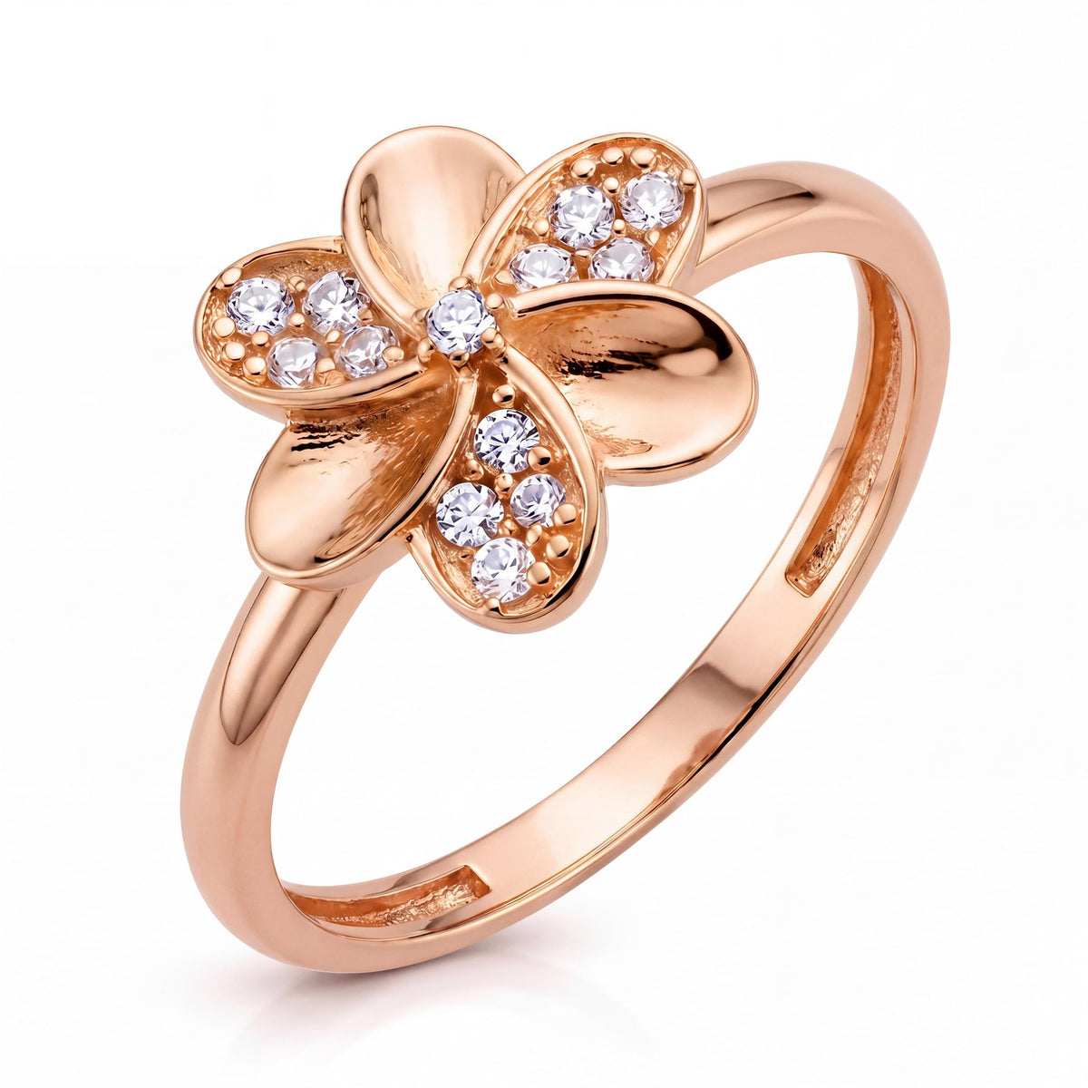 14K rose gold flower ring with clear stone petals and a center stone, angled view on white